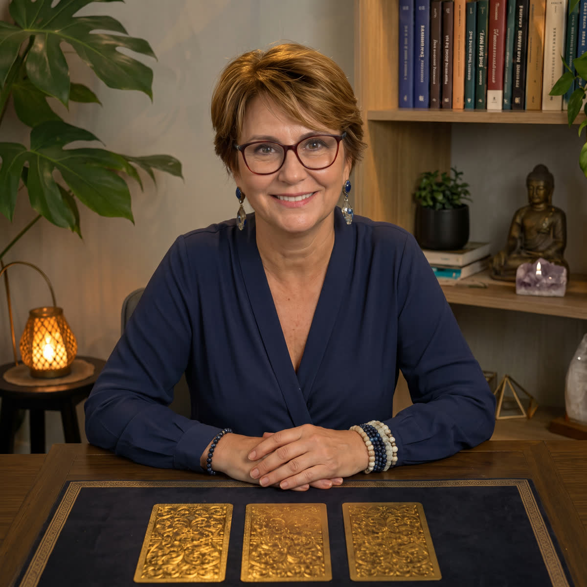 [REFERÊNCIA] mulher ~60 anos, óculos, blusa azul-marinho, mãos cruzadas sobre mesa com três cartas douradas viradas para baixo